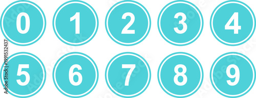 Cyan light blue round buttons with white double stroke outline featuring numbers zero through nine inside