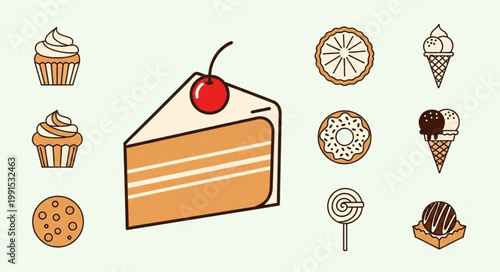 Collection of delicious sweet desserts and treats arranged on a light background.