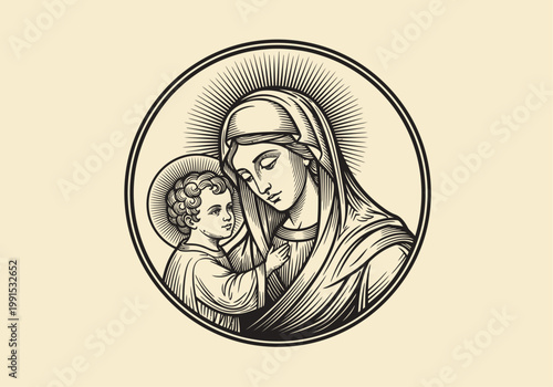 Vintage Woodcut Illustration of Virgin Mary Holding Baby Jesus; Religious Icon of Madonna and Christ Child in a Circular Frame