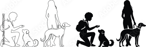 People Walking and Training Dogs Vector Illustration Pet Care Outline and Silhouette Set