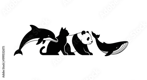 Diverse Animals Silhouette Collection Dolphin Cat Panda Whale.
