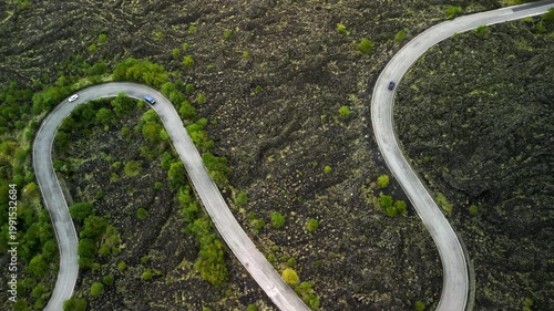 Serpentine road winding through solidified lava landscape with lush greenery, showcasing vehicles navigating the curves in a scenic aerial view of nature's beauty
