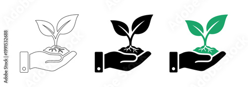 Hand holding young plant with soil and roots vector icon set for ecology and growth concept