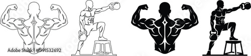Bodybuilding Fitness Icons Set with Muscular Man and Kettlebell Workout Vector