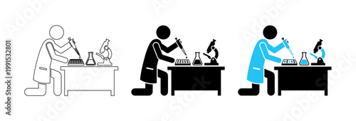 Scientist working in medical laboratory with microscope and pipette vector icon set