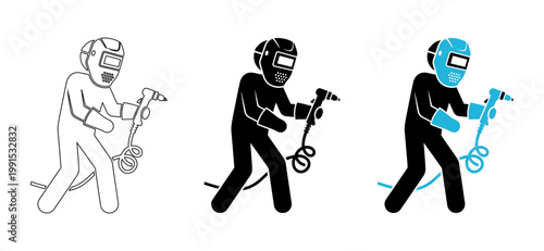 Professional Welder Vector Icon Set with Industrial Worker Using Welding Torch and Protective Mask
