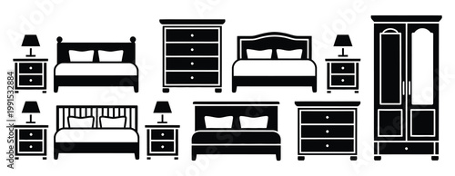 Black, bedroom furniture arrangement silhouette icon set, interior design layout symbols, vector illustration, bed, wardrobe, nightstand, elements, home planning concept, flat vector graphics 