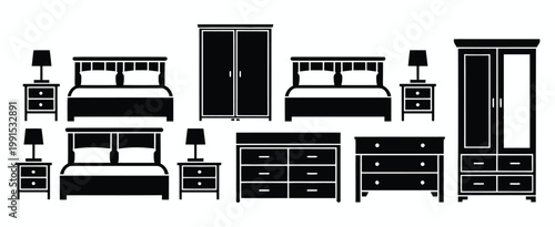 Black, silhouette icons depicting bedroom furniture arrangements and interior design, vector illustration set, bed, wardrobe, table, lamp, home layout symbols, flat vector graphics for architecture, 