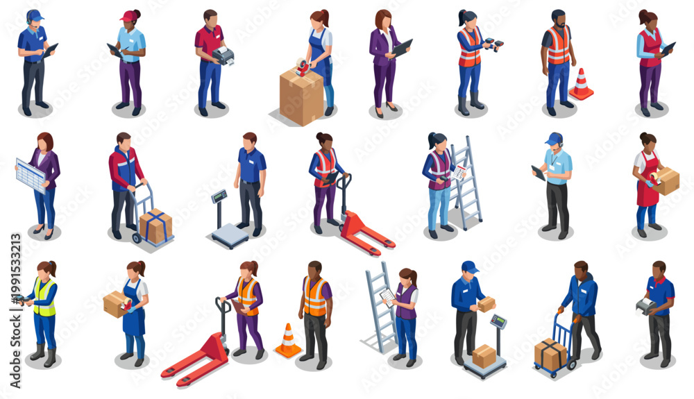 Fototapeta premium Warehouse and logistics staff workers performing shipment tasks | Diverse professional team in uniform | Isometric set of professional characters