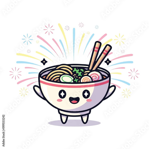 Cute Kawaii Ramen Bowl Character with Chopsticks.