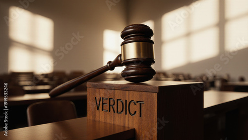 Gavel with verdict plaque representing authority legal decision making and final outcomes within political judicial systems