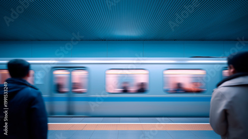 Urban commuters waiting on subway platform as fast train arrives in modern metro station. Scene reflects daily public transportation usage