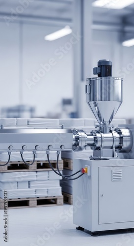 A single screw extruder machine with a metal hopper for profile extrusion stands near pallets of bulk materials in a busy industrial plant, supply, technical, technology