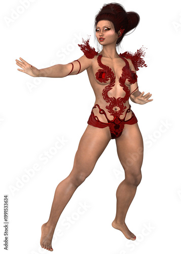 3D Rendered woman in an intricate red outfit with dragon patterns strikes a powerful pose. Perfect for fantasy gaming, character design, or mythical illustration assets.
