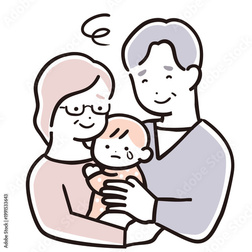 シンプル配色の赤ちゃんを抱く祖父母　安心と不安が混ざる育児シーンイラスト