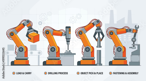 Industrial robots performing various manufacturing tasks