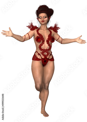 3D Rendered woman in an intricate red outfit with dragon patterns strikes a powerful pose. Perfect for fantasy gaming, character design, or mythical illustration assets.