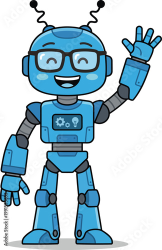 Friendly cartoon robot waving cheerfully with a digital display on its chest