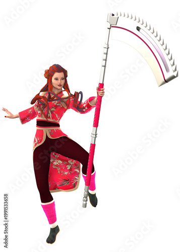 3D Rendered woman in ornate red and gold martial attire poses with a stylized pink and white scythe. Perfect for fantasy gaming, cosplay, or animated character assets.