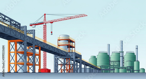 Industrial Construction Site with Crane and Storage Tanks.