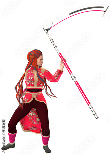 3D Rendered woman in ornate red and gold martial attire poses with a stylized pink and white scythe. Perfect for fantasy gaming, cosplay, or animated character assets.