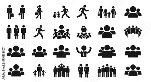 Collection of diverse human silhouette icons representing people and groups.