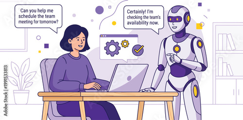 Human and robot collaborating to schedule a team meeting using technology