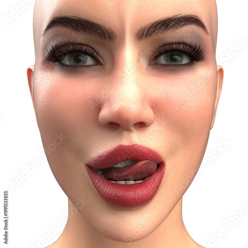 Playful 3D rendered woman with glossy red lips slightly parted as she licks them, eyes wide and expressive. Suited for bold beauty, fashion, or flirtatious campaign imagery.