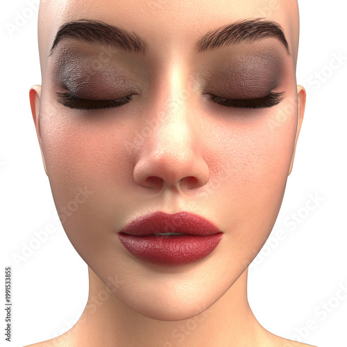 Serene 3D rendered female face with eyes closed, wearing smoky brown eyeshadow and matte lips. Ideal for relaxation, spa, wellness, or beauty concept visuals.
