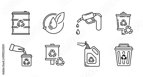 Recycling and fuel icons set for environmental awareness.