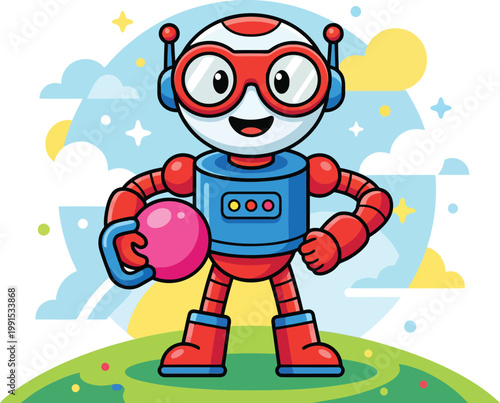 Friendly cartoon robot holding a pink ball and smiling cheerfully