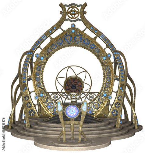 Highly detailed golden portal with blue symbols and geometric patterns on an isolated background. Perfect for architectural, fantasy, or asset design projects. 3D Illustration.