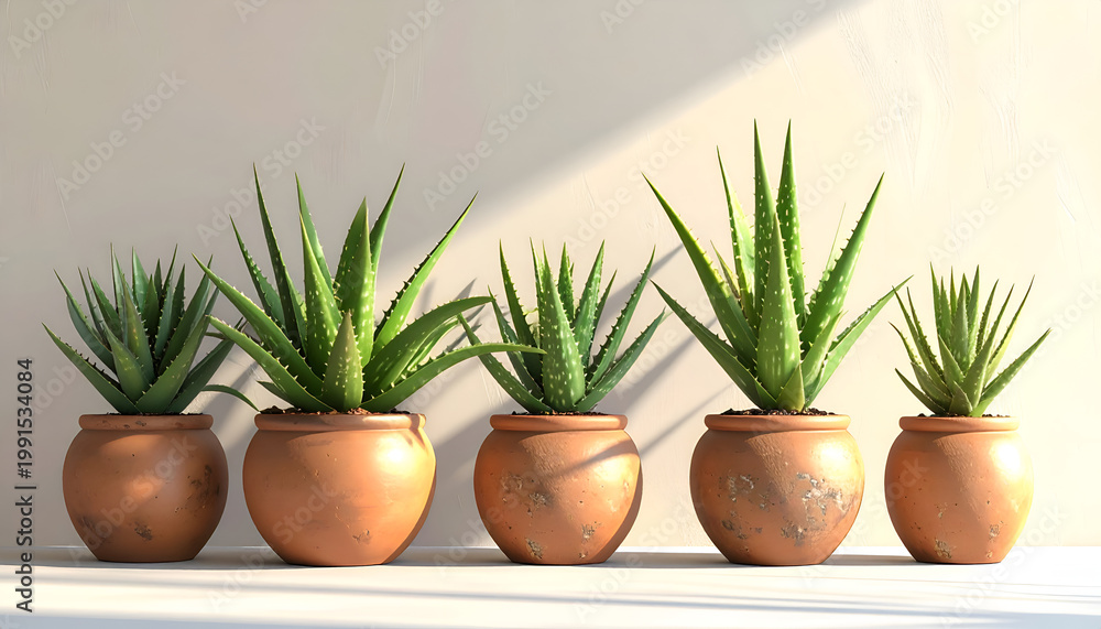 Obraz premium Five aloe vera plants in terracotta pots are neatly arranged in a row against a softly lit wall, showcasing their vibrant green foliage and earthy tones.