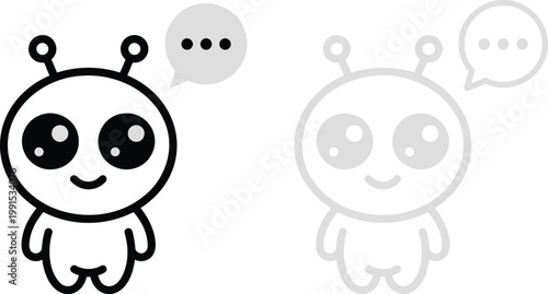 Whimsical alien creature pondering with a thought bubble and a pixelated companion