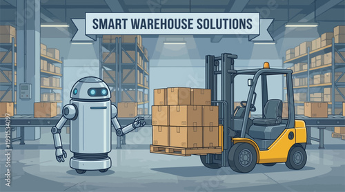 Automated warehouse robot collaborating with a forklift for smart logistics operations