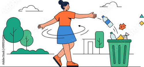 Woman throwing trash into a green bin on a sunny day outdoors