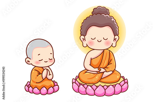 Buddha and little novice monk meditation on lotus cartoon cute character vector