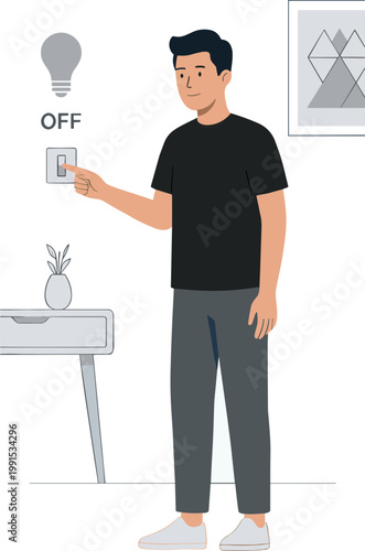 Man turning on light switch in modern living room interior
