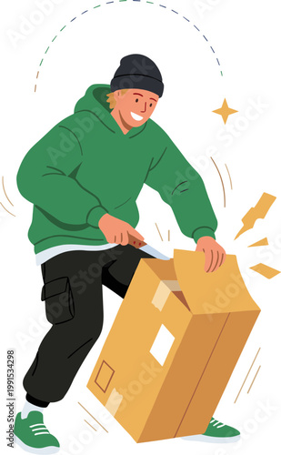 Man unboxes package with excitement and surprise in an indoor setting.