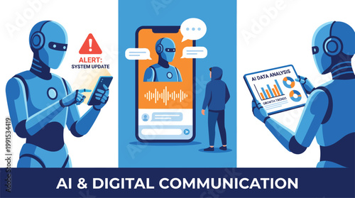 Ai robots engaging in digital communication and data analysis