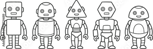 Five stylized robots with distinct geometric head designs illustrated in black and white