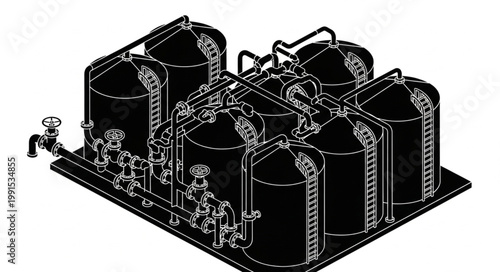 Industrial chemical storage tanks on equipment skid platform.