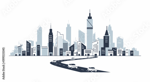 Flat vector illustration of a modern city skyline with a winding road leading into it