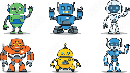 Five friendly cartoon robots in various poses and designs waving cheerfully