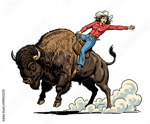 Brave cowgirl riding a wild american bison, rodeo buffalo rider mascot, vintage western detailed illustration for t-shirt design