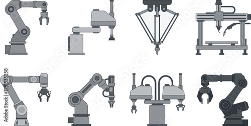Various types of industrial robots and automated machinery in operation
