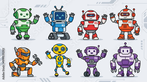 Colorful cartoon robots waving cheerfully in a playful arrangement
