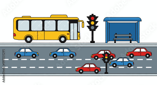 Yellow bus and cars driving on a busy city road with traffic lights and a bus stop in a flat vector illustration