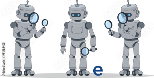 Three robots examining items with magnifying glasses in a search-like manner