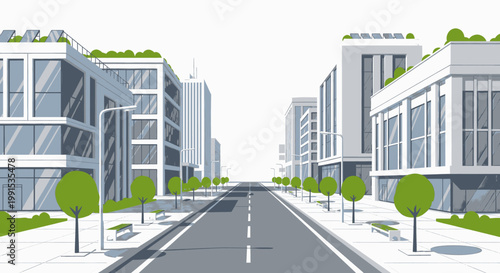 Modern city street with contemporary buildings featuring green rooftops and trees, illustrating sustainable urban development and eco-friendly architecture